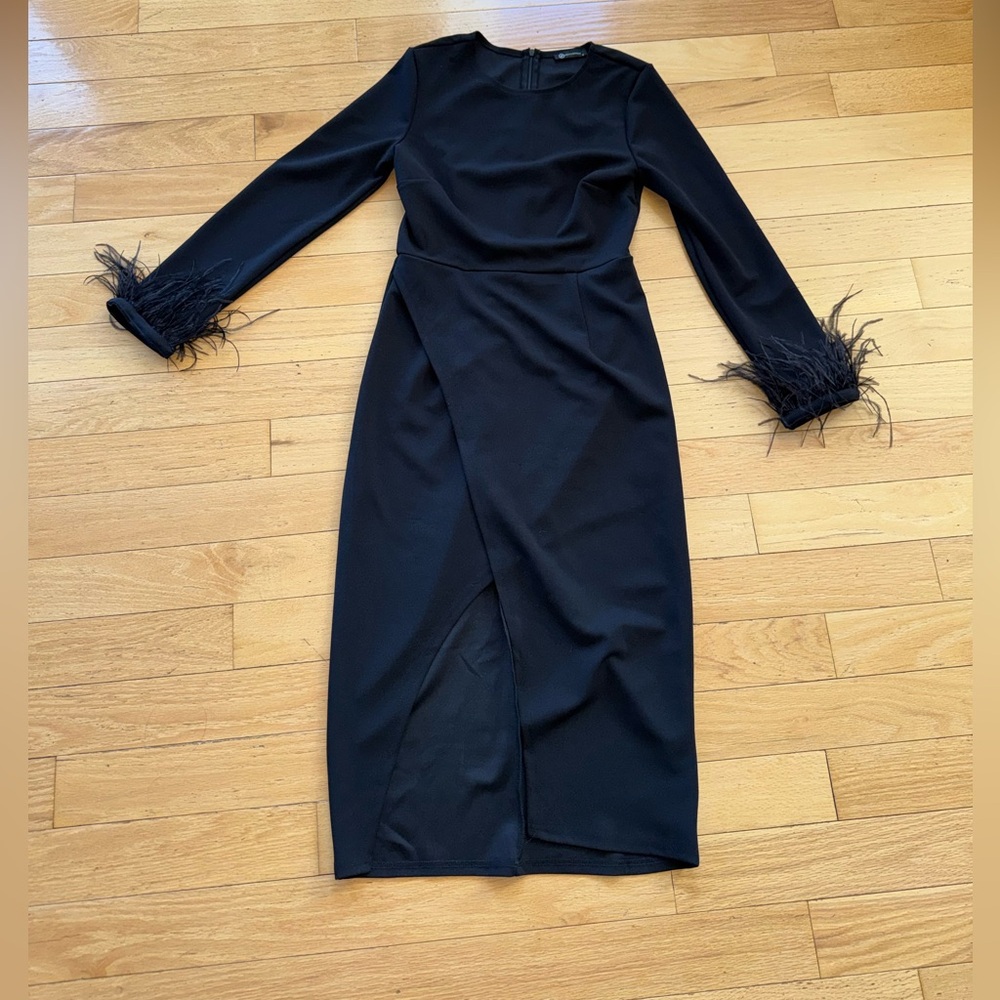 Elegant Black Feather-Trimmed Dress